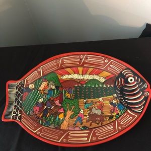 Vintage Mexican folk art clay pottery hand painted fish plate wall hanging